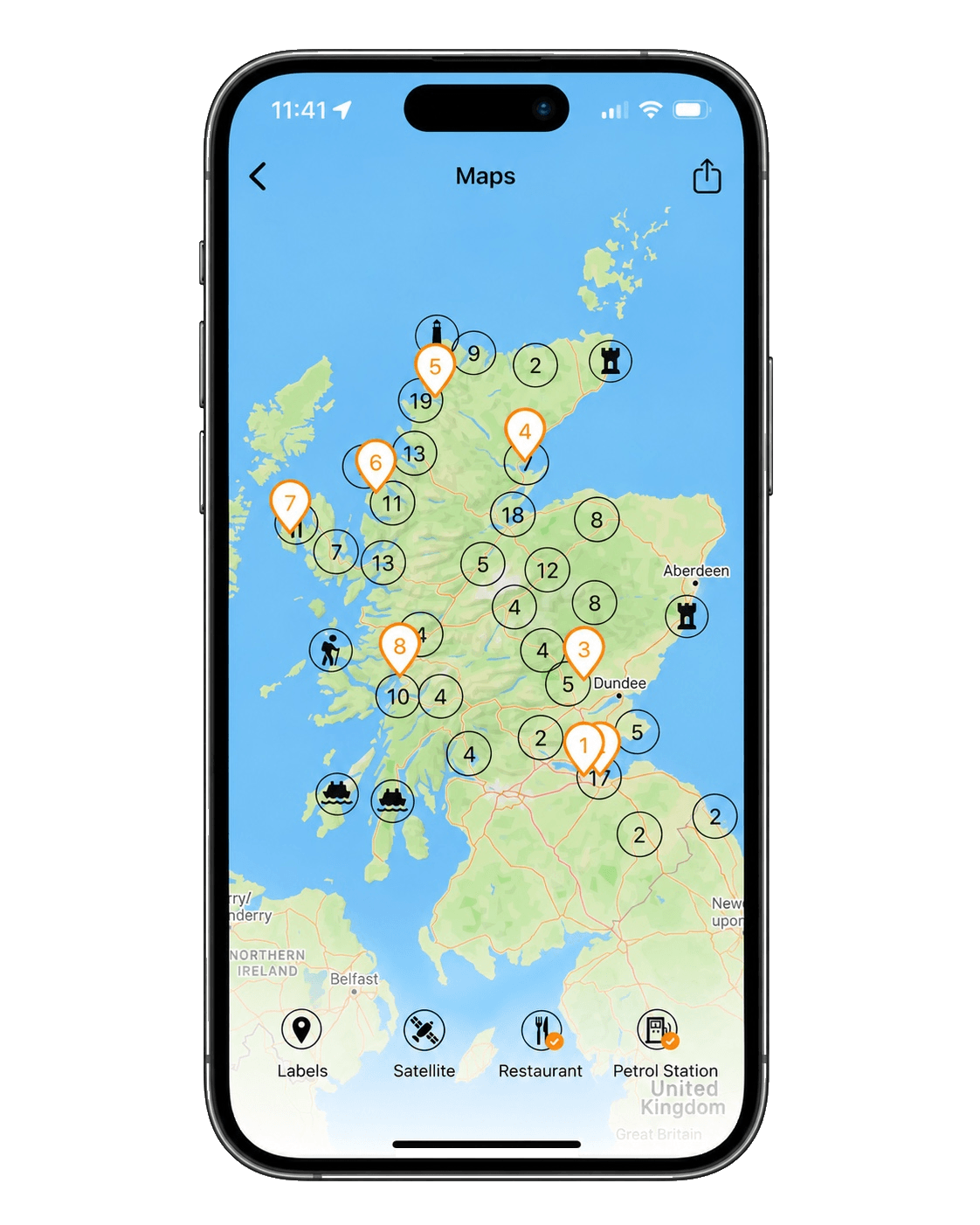 Celtic Routes app showing the route map with points of interest across Scotland