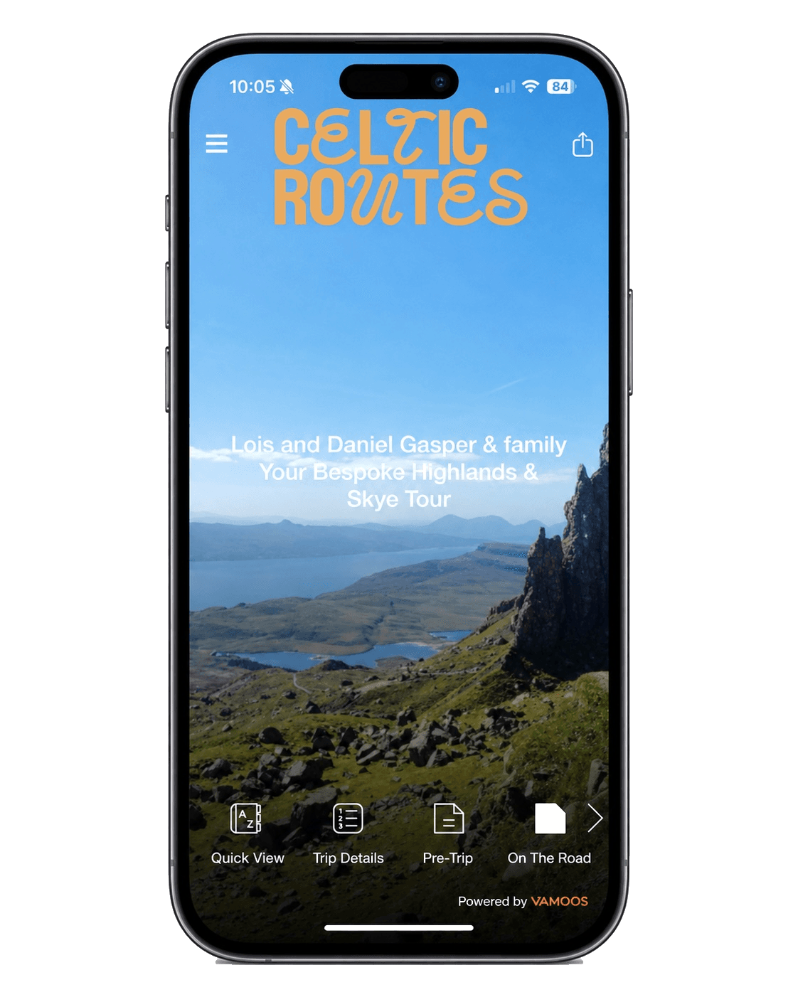 Celtic Routes app home screen for a client's Highlands and Skye tour