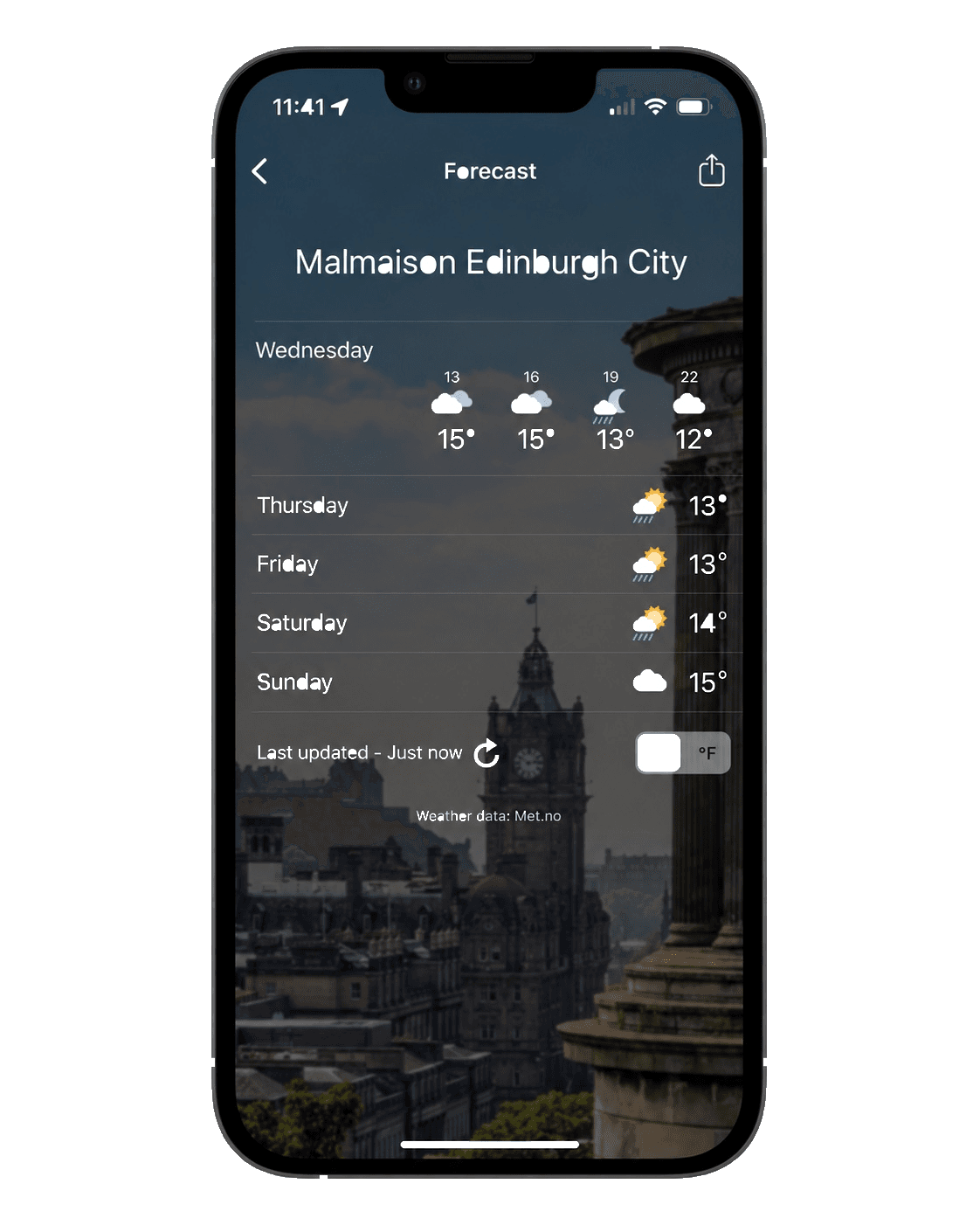 Celtic Routes app showing a four-day weather forecast for Edinburgh
